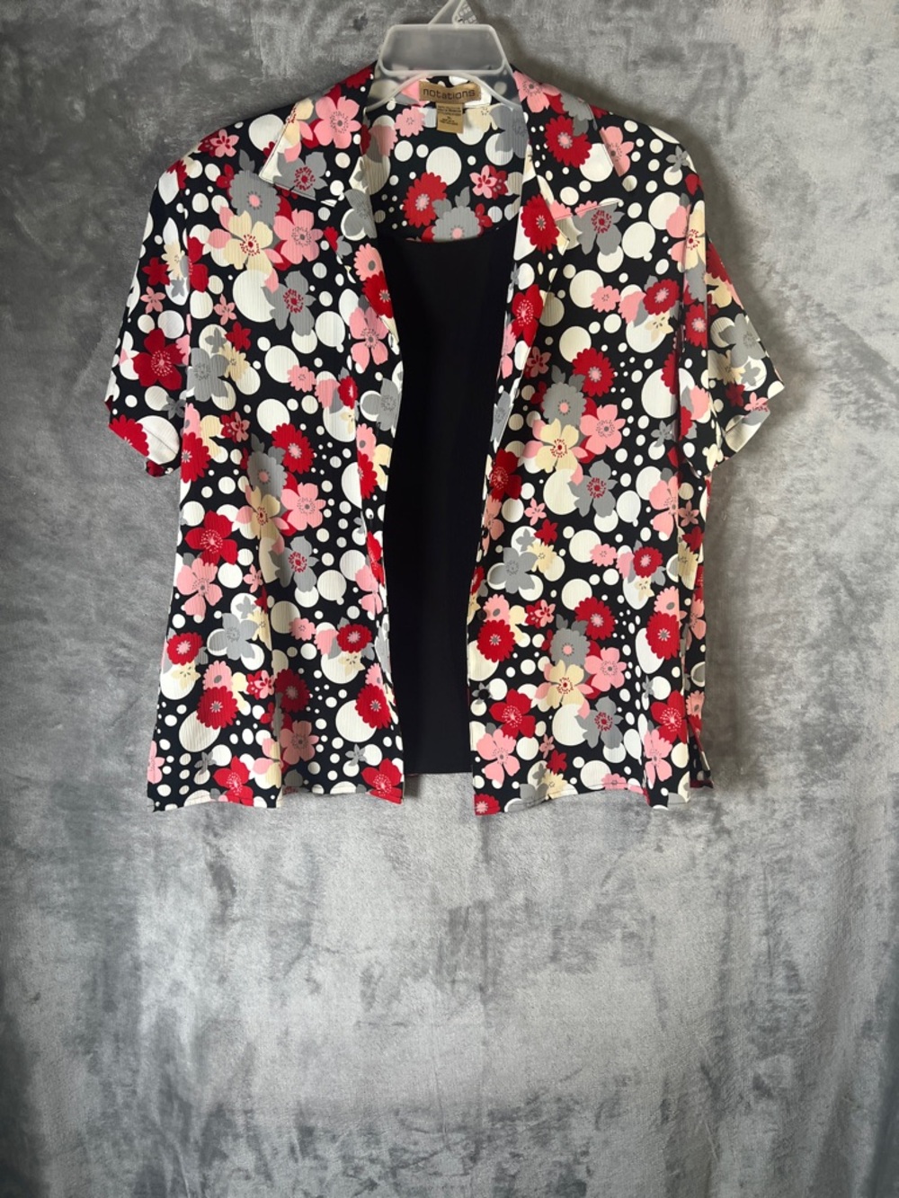 Notations Black Floral Short-Sleeve Top with Red and Pink Accents